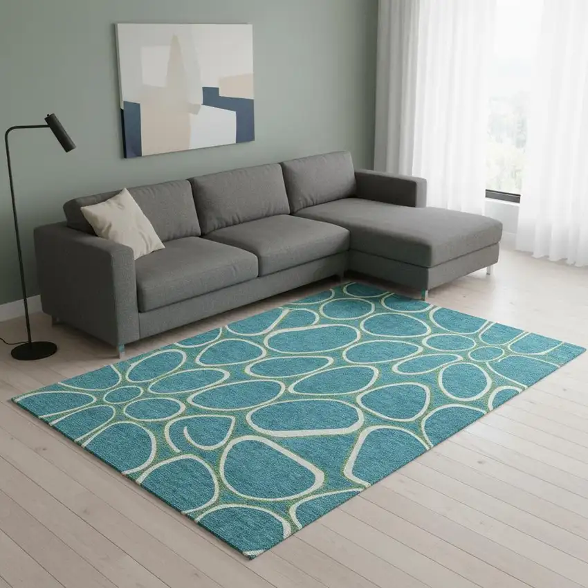 Teal Ivory And Green Geometric Washable Area Rug With UV Protection Photo 2