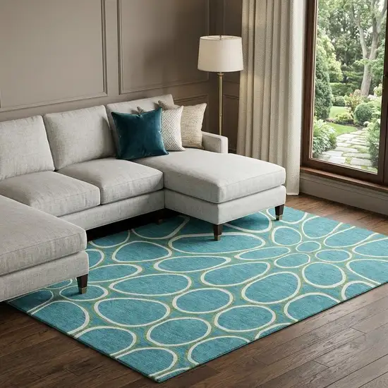 Teal Ivory And Green Geometric Washable Area Rug With UV Protection Photo 1