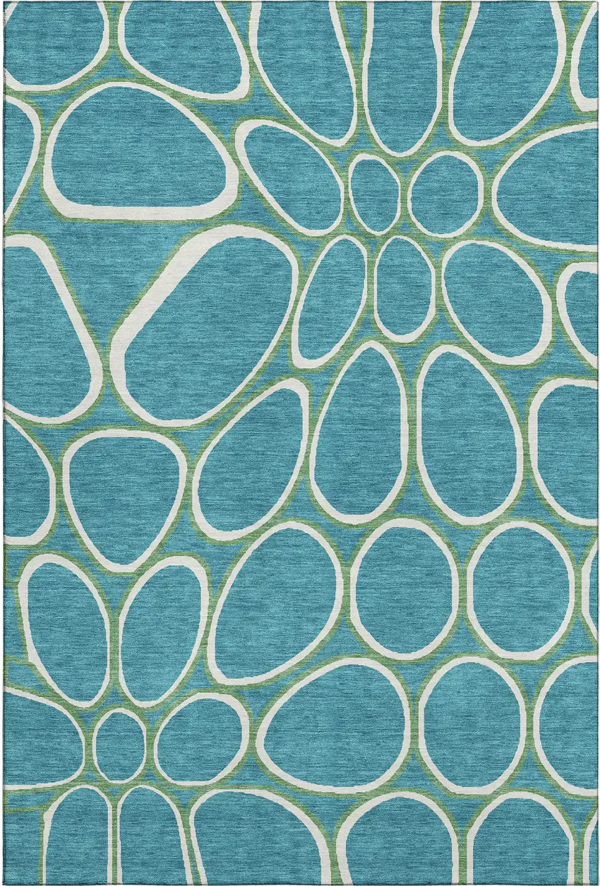 Teal Ivory And Green Geometric Washable Area Rug With UV Protection Photo 1