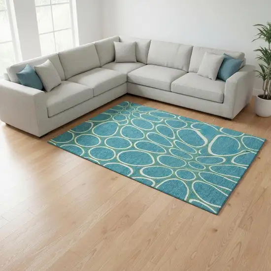 Teal Ivory And Green Geometric Washable Area Rug With UV Protection Photo 2