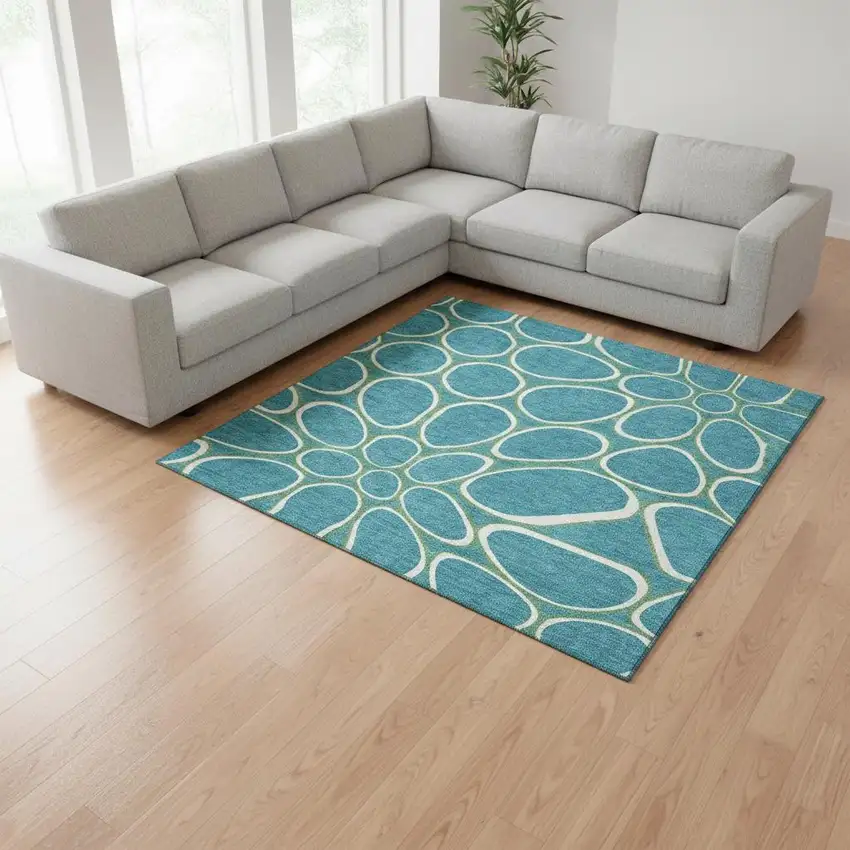 Teal Ivory And Green Geometric Washable Area Rug With UV Protection Photo 2