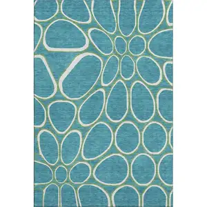 Photo of Teal Ivory And Green Geometric Washable Area Rug With UV Protection