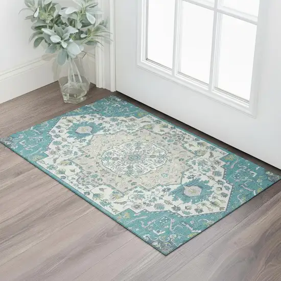 Teal Ivory And Green Oriental Washable Area Rug With UV Protection Photo 2