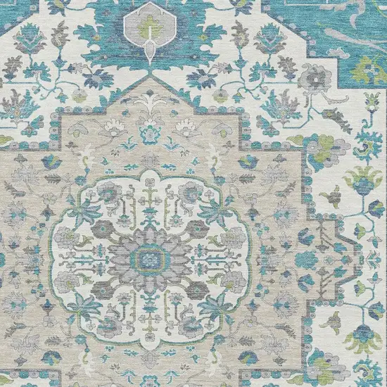 Teal Ivory And Green Oriental Washable Area Rug With UV Protection Photo 2