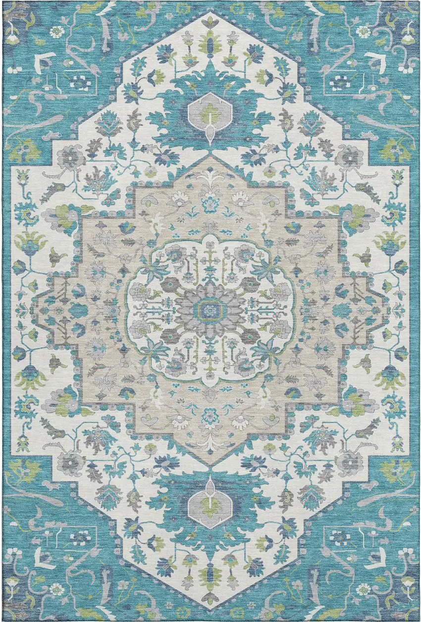 Teal Ivory And Green Oriental Washable Area Rug With UV Protection Photo 1