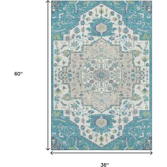 Teal Ivory And Green Oriental Washable Area Rug With UV Protection Photo 9