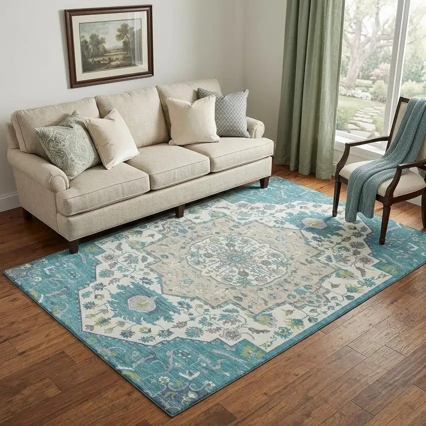 Teal Ivory And Green Oriental Washable Area Rug With UV Protection Photo 1
