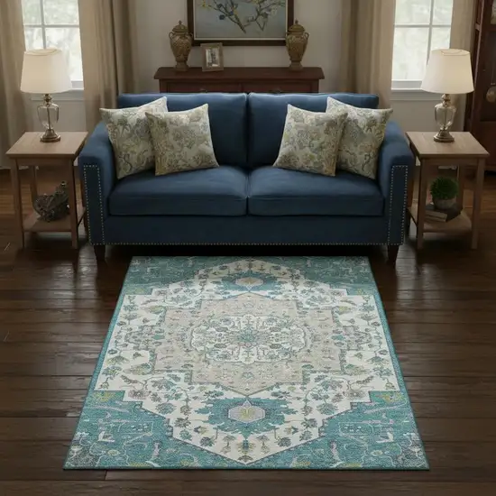 Teal Ivory And Green Oriental Washable Area Rug With UV Protection Photo 2