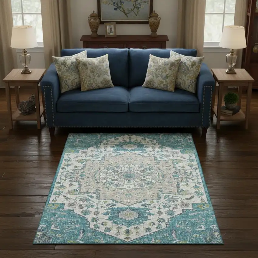 Teal Ivory And Green Oriental Washable Area Rug With UV Protection Photo 2