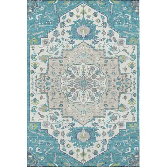 Teal Ivory And Green Oriental Washable Area Rug With UV Protection Photo 2