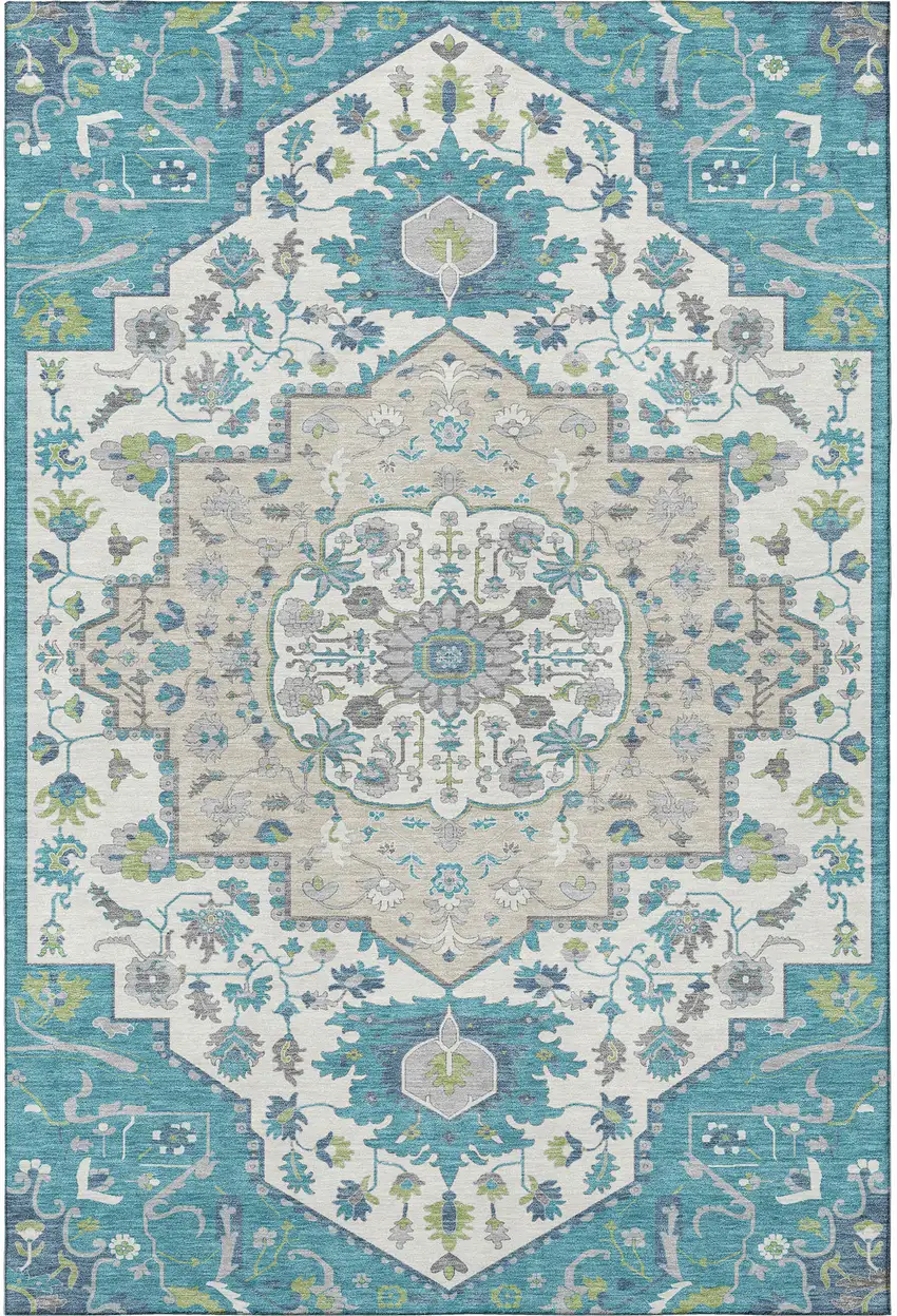 Teal Ivory And Green Oriental Washable Area Rug With UV Protection Photo 2
