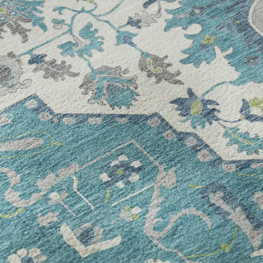Teal Ivory And Green Oriental Washable Area Rug With UV Protection Photo 8