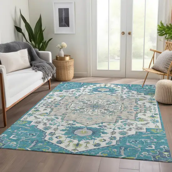 Teal Ivory And Green Oriental Washable Area Rug With UV Protection Photo 4