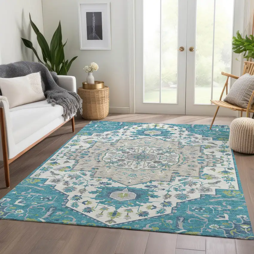 Teal Ivory And Green Oriental Washable Area Rug With UV Protection Photo 4