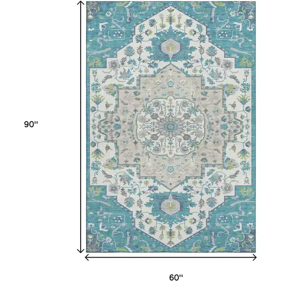 Teal Ivory And Green Oriental Washable Area Rug With UV Protection Photo 9