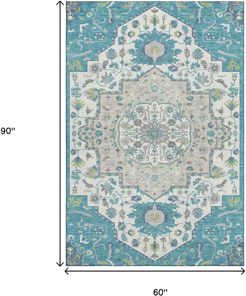 Teal Ivory And Green Oriental Washable Area Rug With UV Protection Photo 9