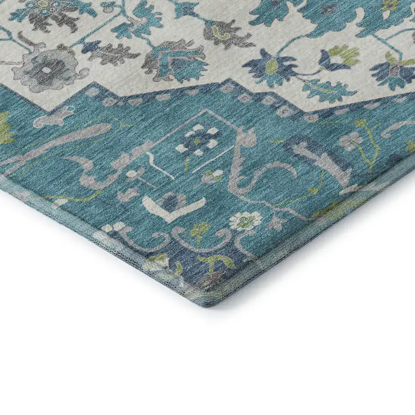 Teal Ivory And Green Oriental Washable Area Rug With UV Protection Photo 6