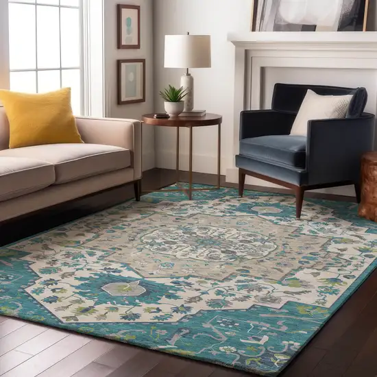 Teal Ivory And Green Oriental Washable Area Rug With UV Protection Photo 3