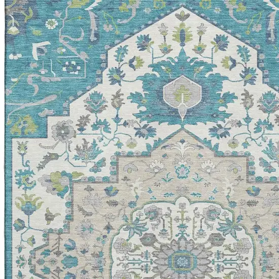 Teal Ivory And Green Oriental Washable Area Rug With UV Protection Photo 2