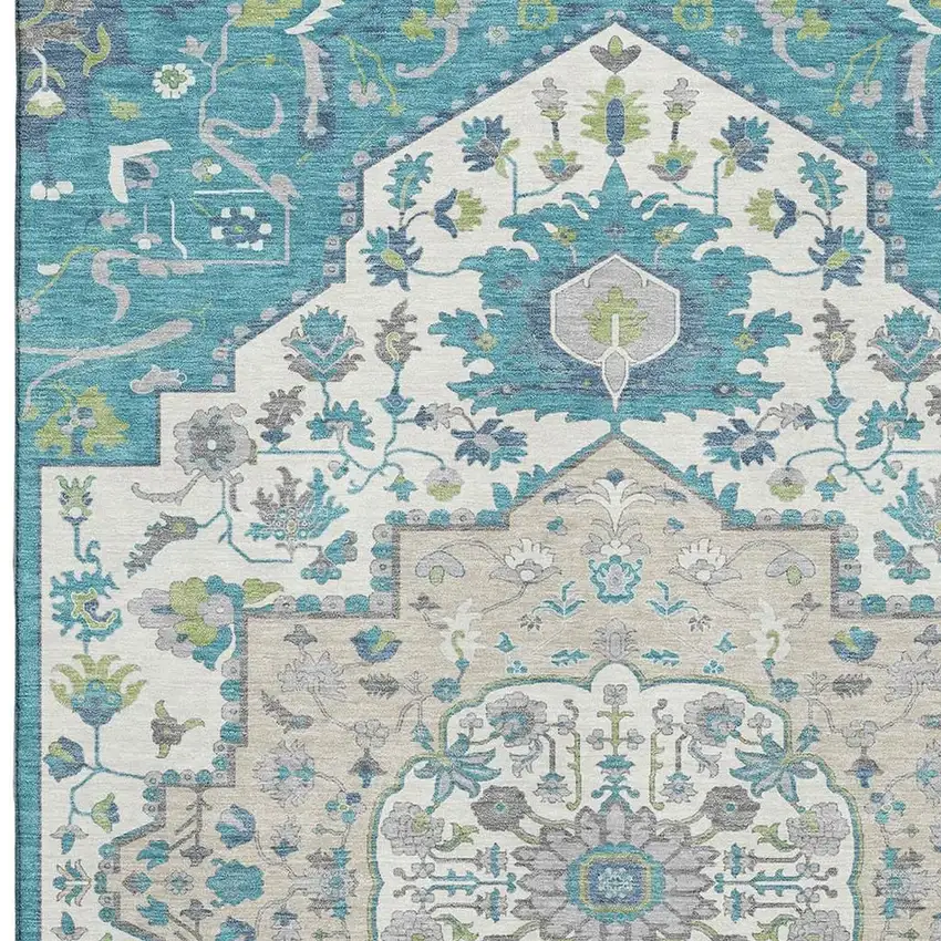 Teal Ivory And Green Oriental Washable Area Rug With UV Protection Photo 2
