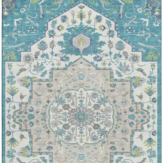 Teal Ivory And Green Oriental Washable Area Rug With UV Protection Photo 3