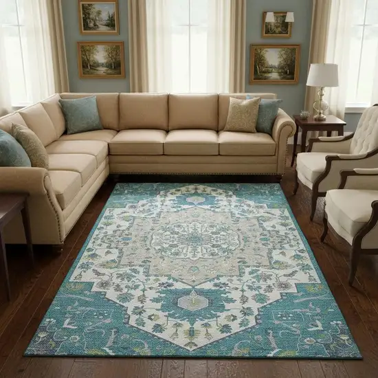 Teal Ivory And Green Oriental Washable Area Rug With UV Protection Photo 2