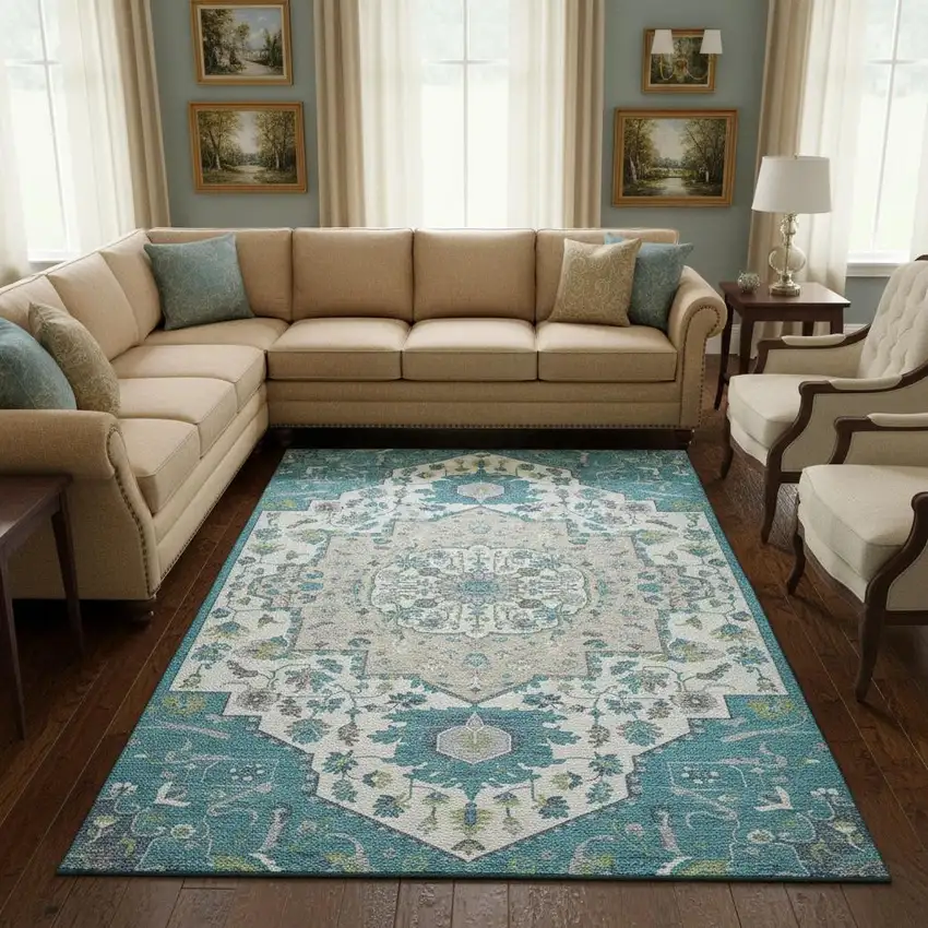 Teal Ivory And Green Oriental Washable Area Rug With UV Protection Photo 2