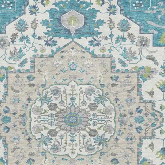 Teal Ivory And Green Oriental Washable Area Rug With UV Protection Photo 2