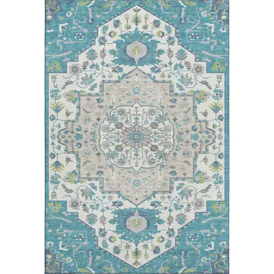 Teal Ivory And Green Oriental Washable Area Rug With UV Protection Photo 1