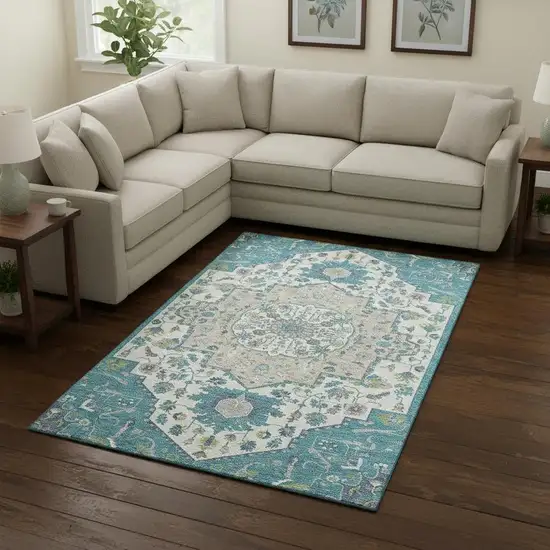 Teal Ivory And Green Oriental Washable Area Rug With UV Protection Photo 2