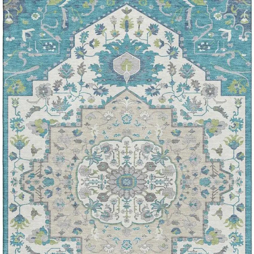 Teal Ivory And Green Oriental Washable Area Rug With UV Protection Photo 3