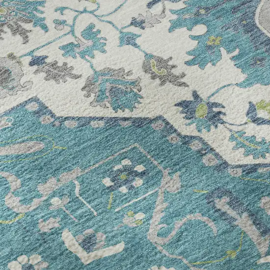 Teal Ivory And Green Oriental Washable Area Rug With UV Protection Photo 9