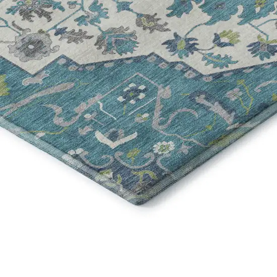 Teal Ivory And Green Oriental Washable Area Rug With UV Protection Photo 7