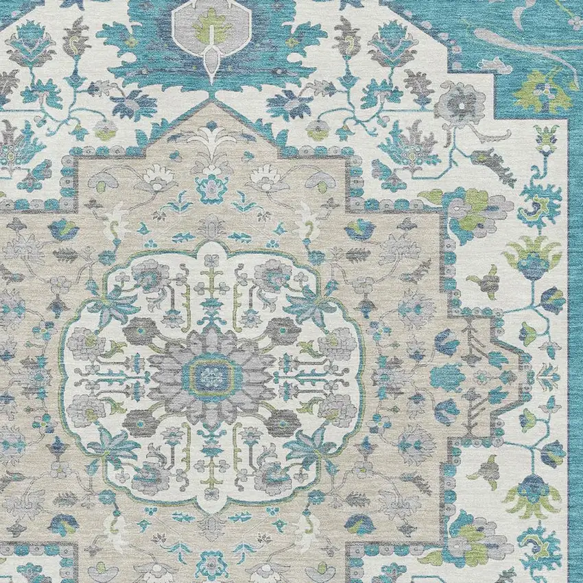 Teal Ivory And Green Oriental Washable Area Rug With UV Protection Photo 2