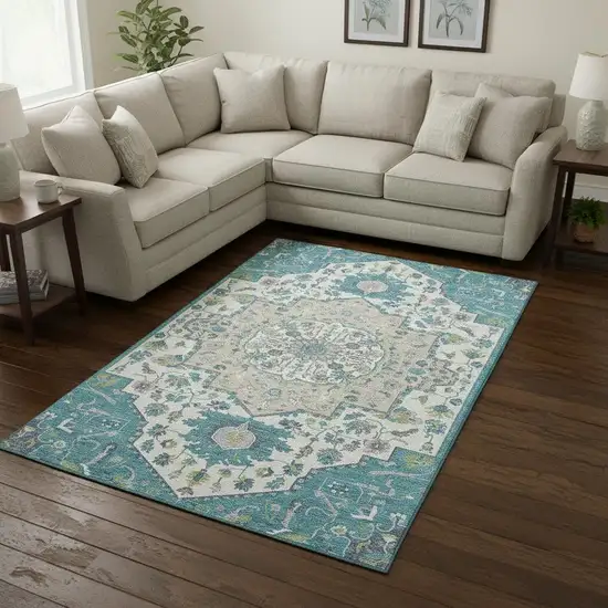 Teal Ivory And Green Oriental Washable Area Rug With UV Protection Photo 2
