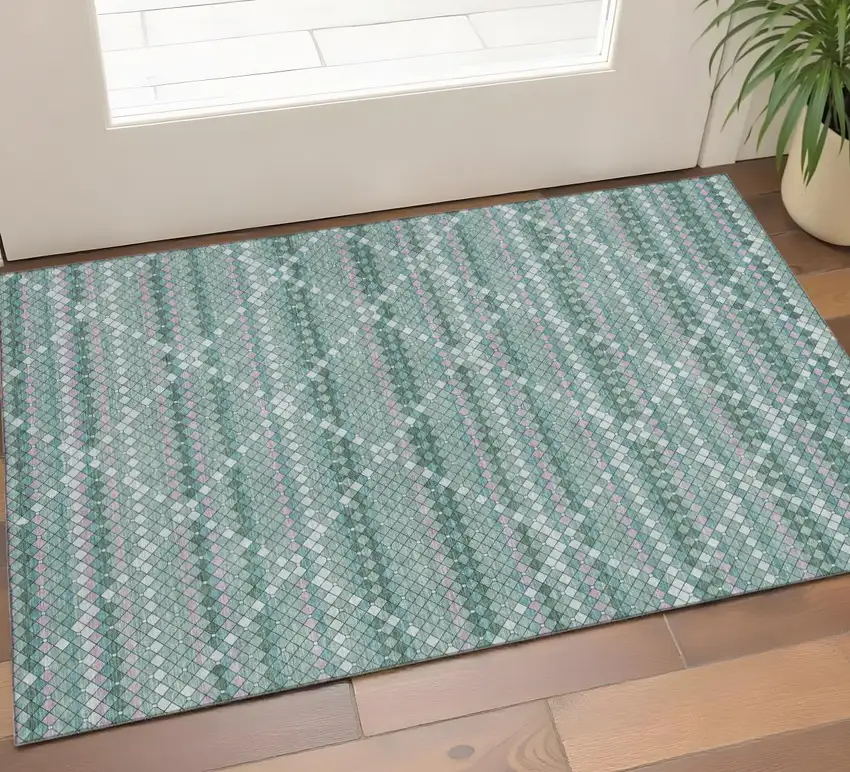 Teal Ivory And Lavender Geometric Washable Area Rug With UV Protection Photo 1