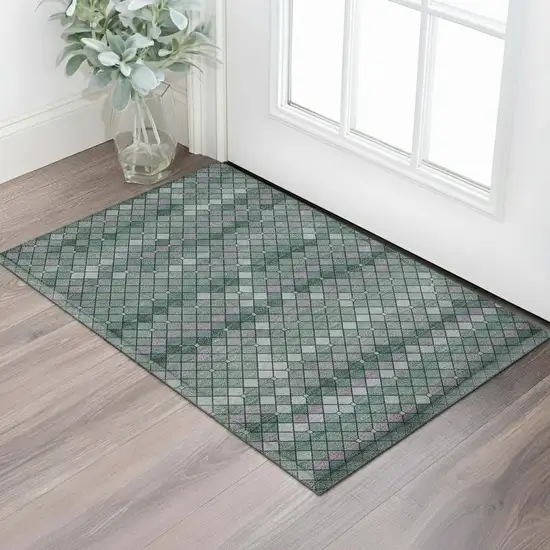 Teal Ivory And Lavender Geometric Washable Area Rug With UV Protection Photo 2