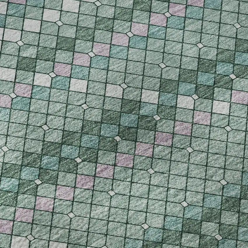 Teal Ivory And Lavender Geometric Washable Area Rug With UV Protection Photo 8