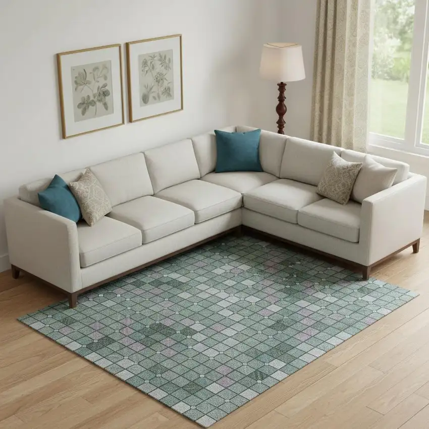 Teal Ivory And Lavender Geometric Washable Area Rug With UV Protection Photo 2