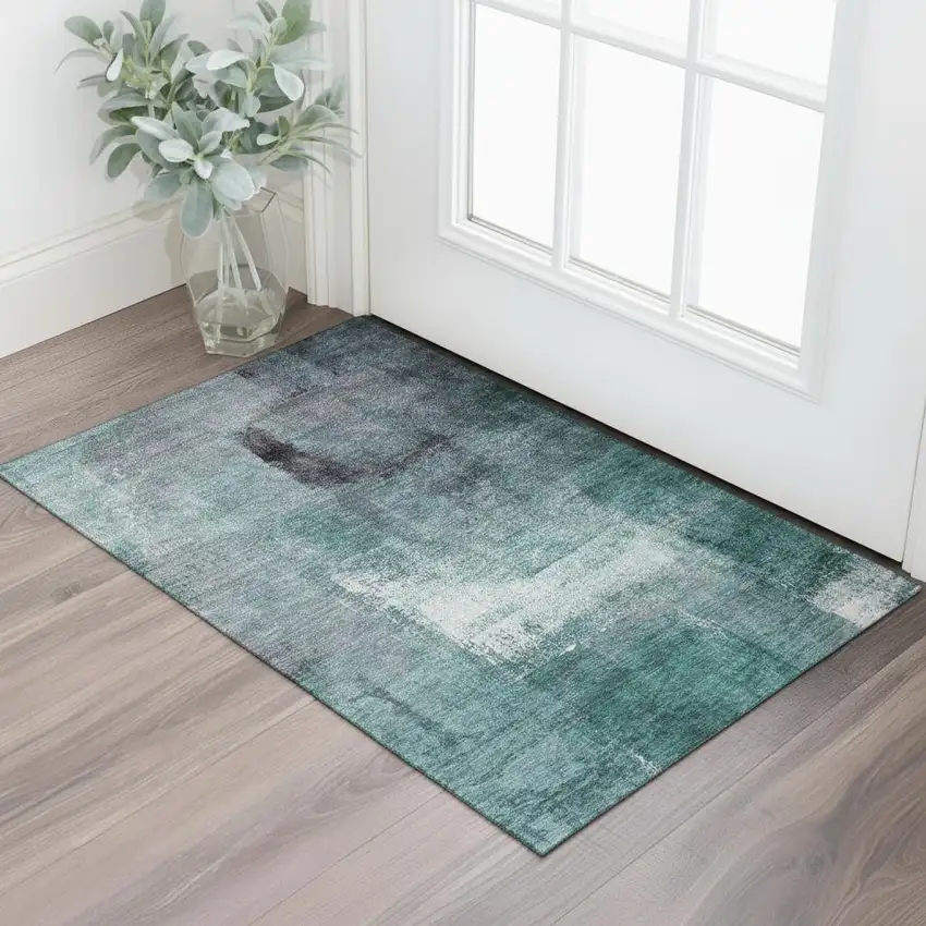 Teal Ivory And Purple Abstract Washable Area Rug With UV Protection Photo 2