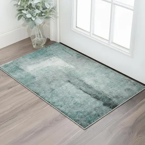 Teal Ivory And Purple Abstract Washable Area Rug With UV Protection Photo 2