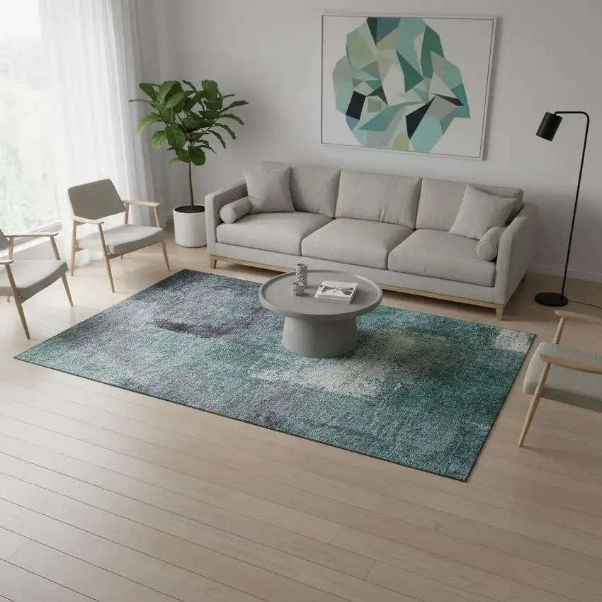 Teal Ivory And Purple Abstract Washable Area Rug With UV Protection Photo 2