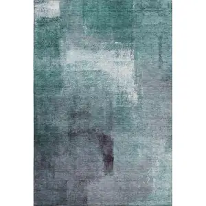 Photo of Teal Ivory And Purple Abstract Washable Area Rug With UV Protection