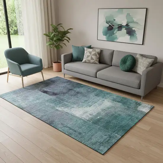 Teal Ivory And Purple Abstract Washable Area Rug With UV Protection Photo 1