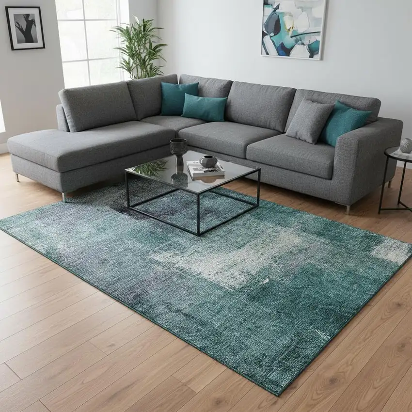 Teal Ivory And Purple Abstract Washable Area Rug With UV Protection Photo 2