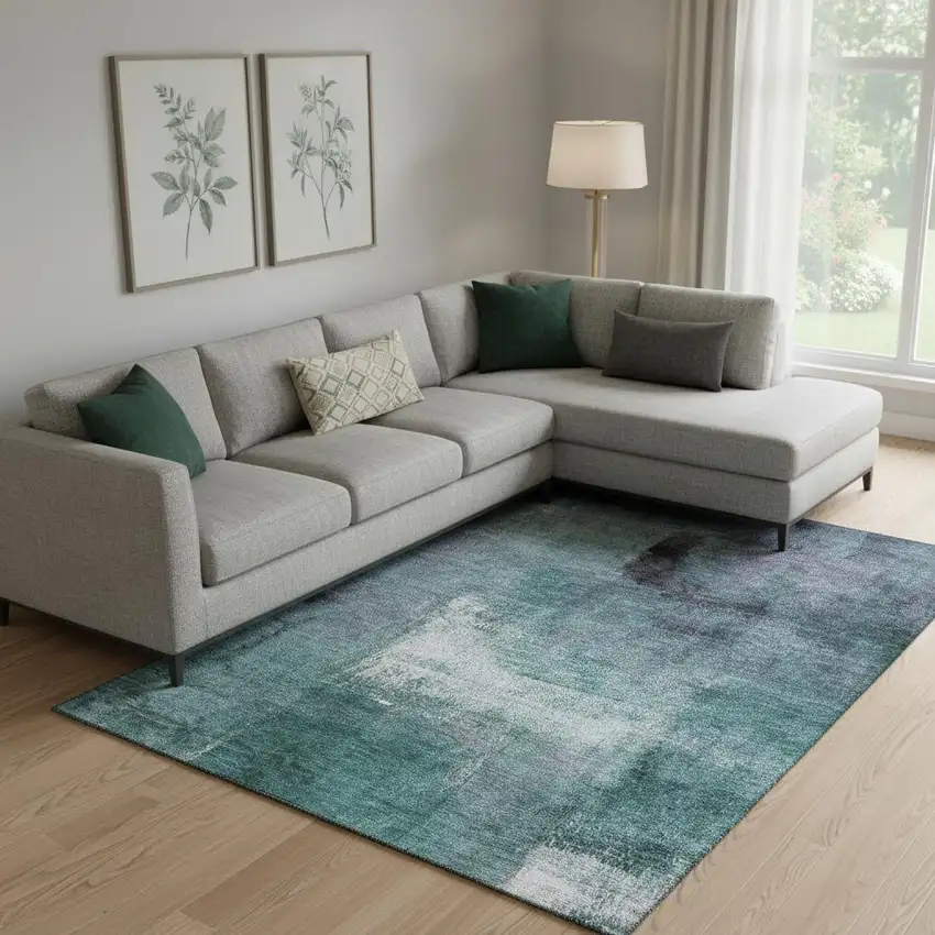 Teal Ivory And Purple Abstract Washable Area Rug With UV Protection Photo 1