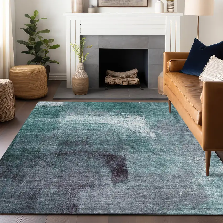 Teal Ivory And Purple Abstract Washable Area Rug With UV Protection Photo 6