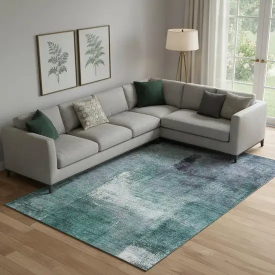 Teal Ivory And Purple Abstract Washable Area Rug With UV Protection Photo 1