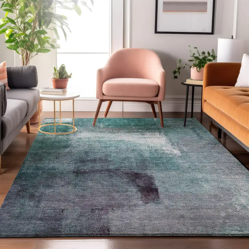 Teal Ivory And Purple Abstract Washable Area Rug With UV Protection Photo 4