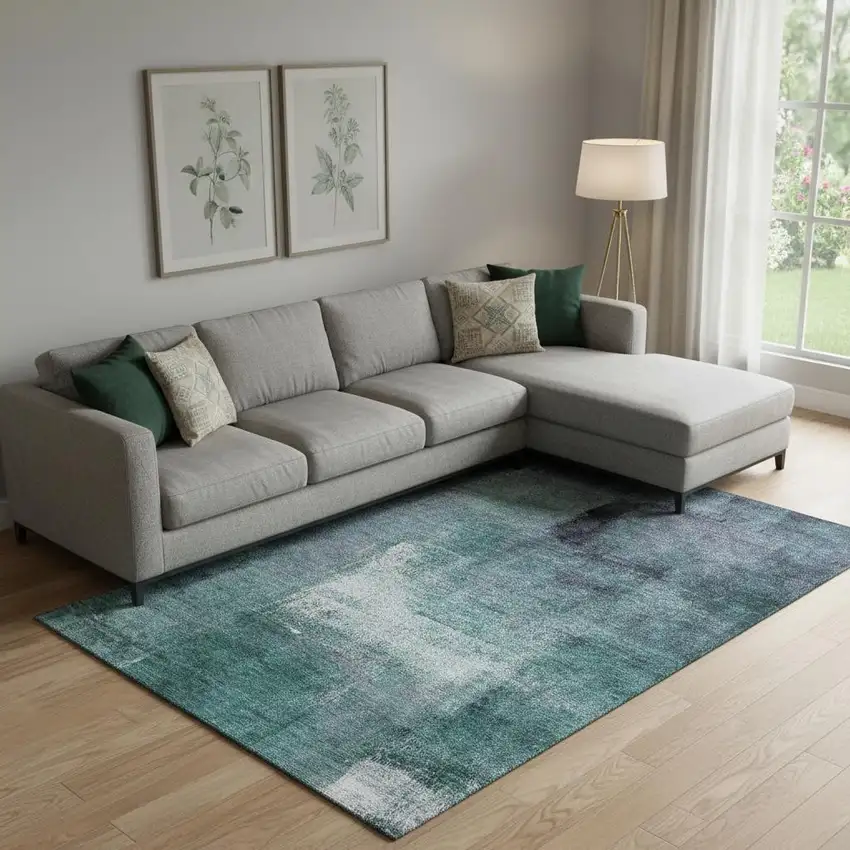 Teal Ivory And Purple Abstract Washable Area Rug With UV Protection Photo 1